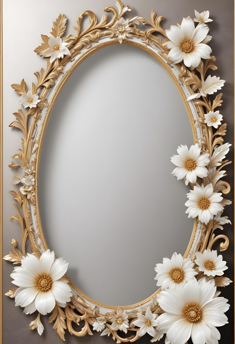 A Decorative Oval Mirror Frame With A Golden Ornate Design And White Flowers Around The Edges 22 51ca