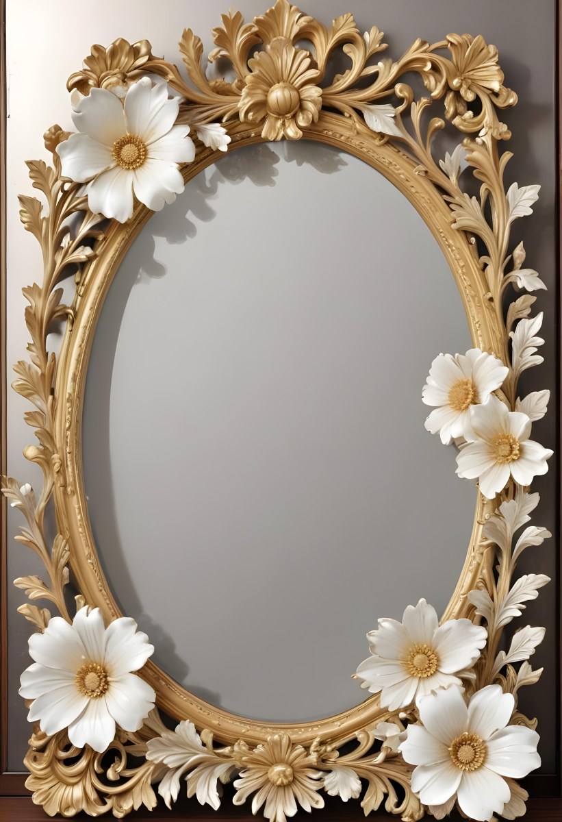 A Decorative Oval Mirror Frame With A Golden Ornate Design And White Flowers Around The Edges 23 559f