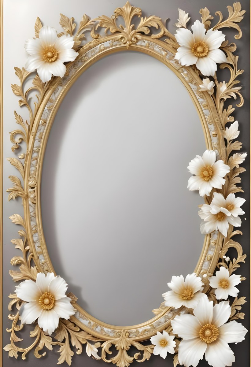 A Decorative Oval Mirror Frame With A Golden Ornate Design And White Flowers Around The Edges 24 50f8