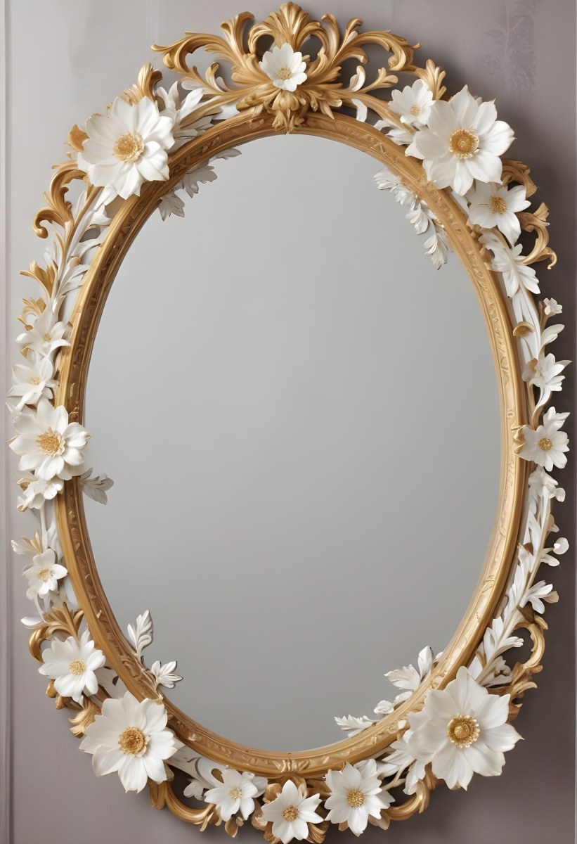 A Decorative Oval Mirror Frame With A Golden Ornate Design And White Flowers Around The Edges 3 F95c