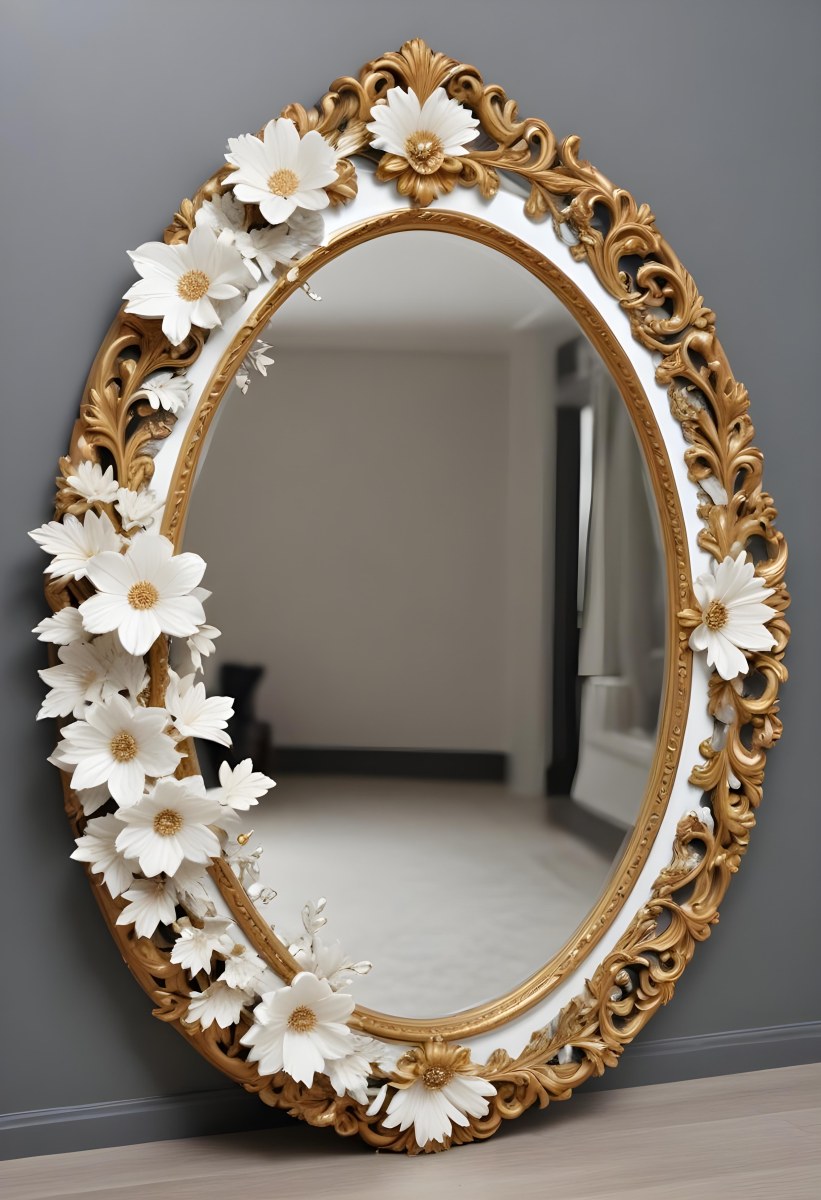A Decorative Oval Mirror Frame With A Golden Ornate Design And White Flowers Around The Edges 4 Ed8d