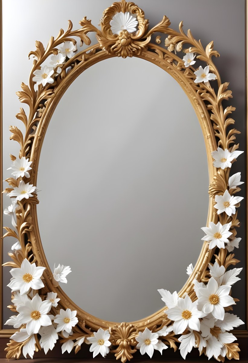 A Decorative Oval Mirror Frame With A Golden Ornate Design And White Flowers Around The Edges 5 5789