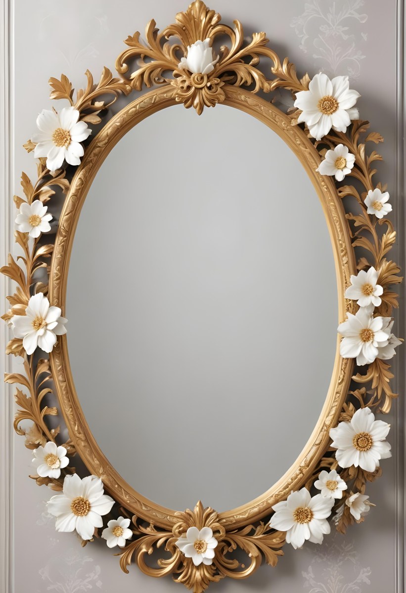 A Decorative Oval Mirror Frame With A Golden Ornate Design And White Flowers Around The Edges 6 0c92