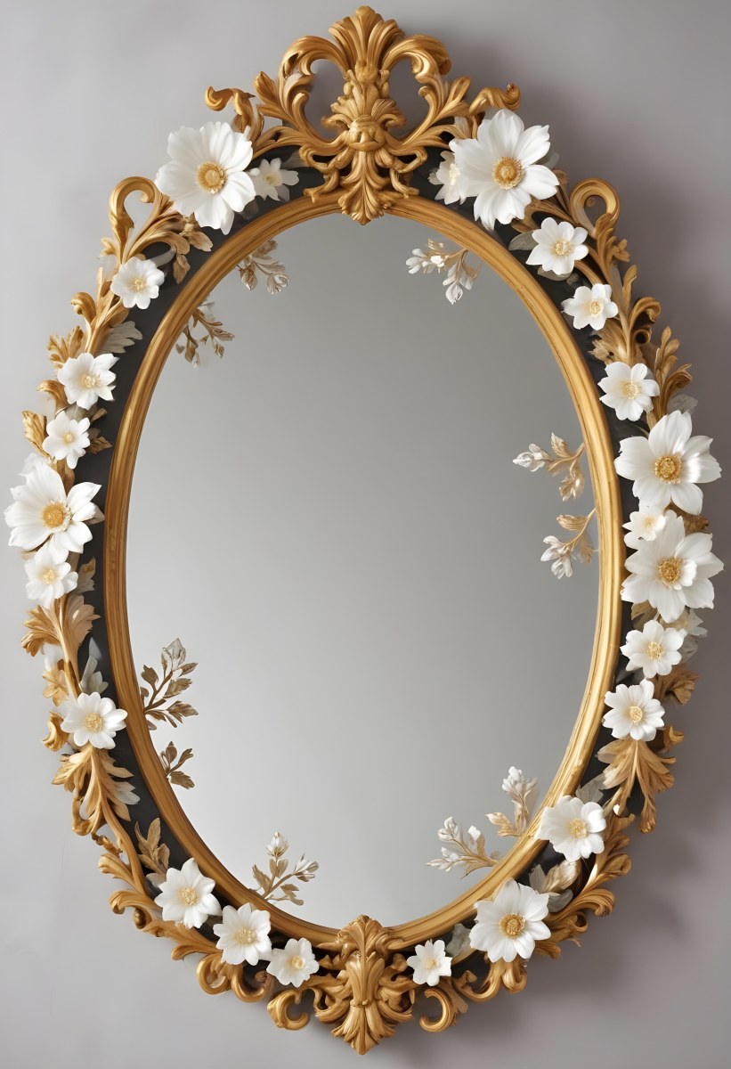 A Decorative Oval Mirror Frame With A Golden Ornate Design And White Flowers Around The Edges 7 Ea39