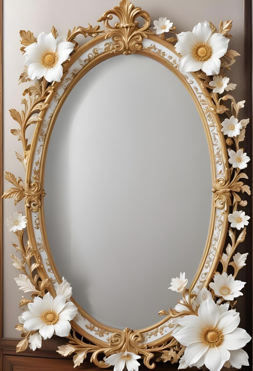 A Decorative Oval Mirror Frame With A Golden Ornate Design And White Flowers Around The Edges 8 9e8c
