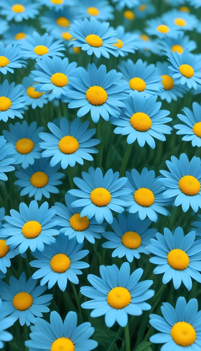 A Field Of Vibrant Blue Daisy Flowers With Yellow Centers Against A Blurred Green Background 21 7fec