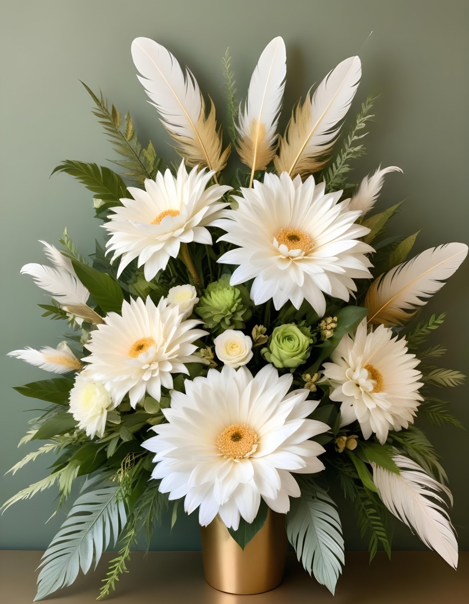 A Floral Arrangement With Large White Flowers Feathers And Gold Accents On A Light Background With A Green Border 57 8a60