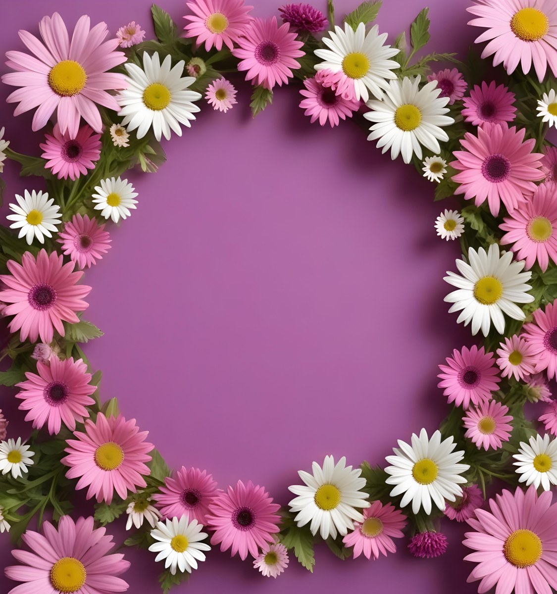 A Floral Frame With Pink Purple And White Daisies Or Gerbera Flowers Surrounded By Green Leaves And Stems 5 Fd17