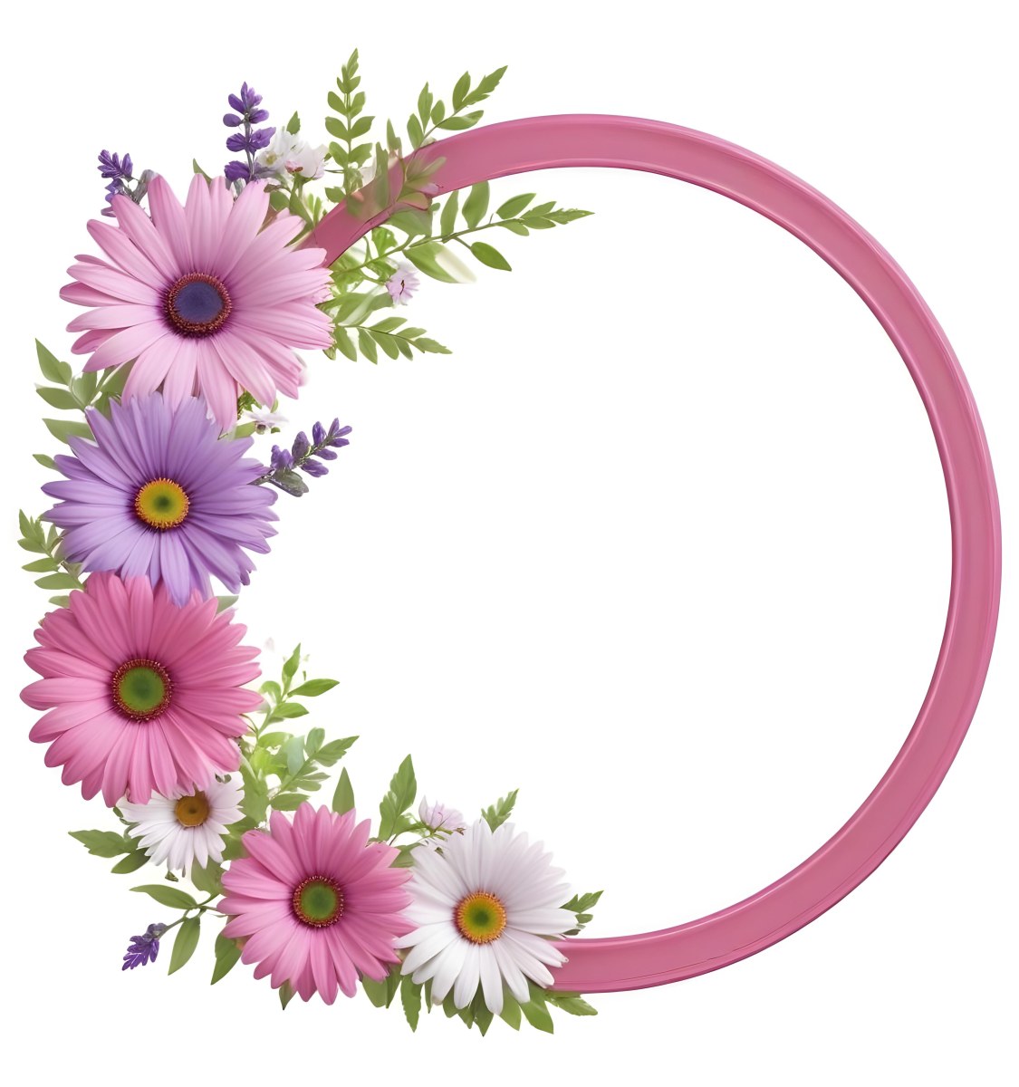 A Floral Frame With Pink Purple And White Daisies Or Gerbera Flowers Surrounded By Green Leaves And Stems 6 B6b1