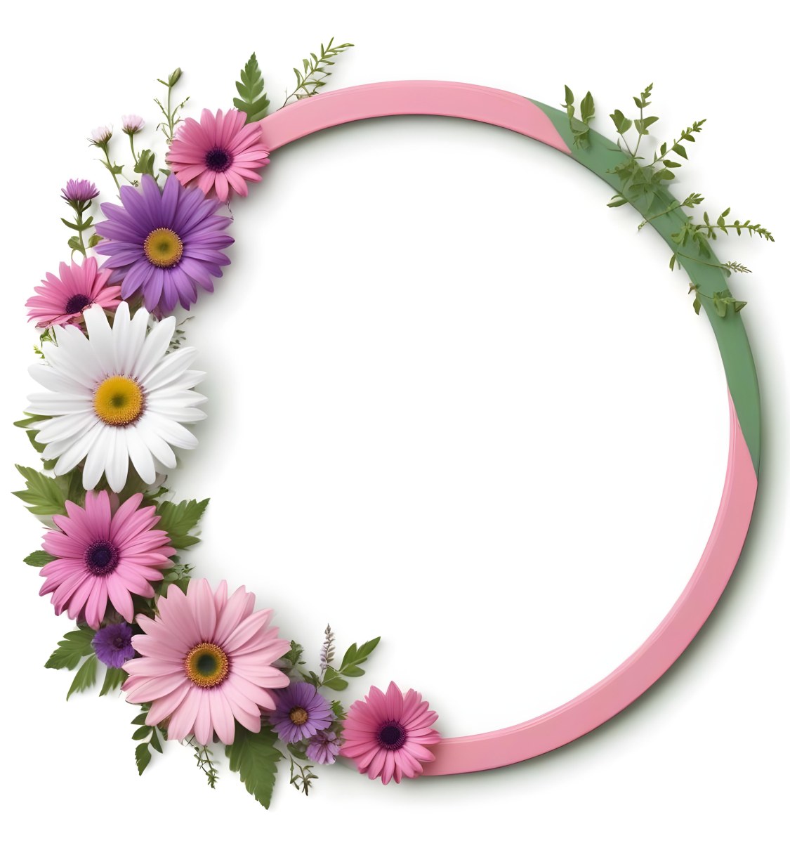 A Floral Frame With Pink Purple And White Daisies Or Gerbera Flowers Surrounded By Green Leaves And Stems 7 F8af