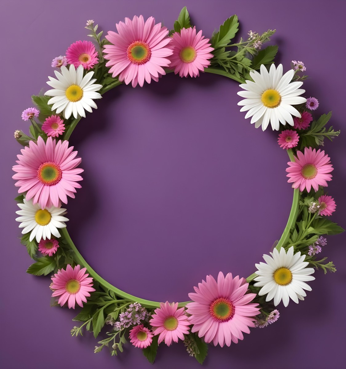 A Floral Frame With Pink Purple And White Daisies Or Gerbera Flowers Surrounded By Green Leaves And Stems 8 Ac6b