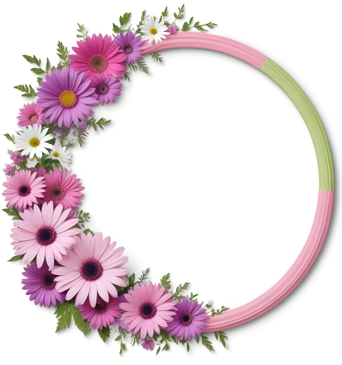 A Floral Frame With Pink Purple And White Daisies Or Gerbera Flowers Surrounded By Green Leaves And Stems 9 4dbe