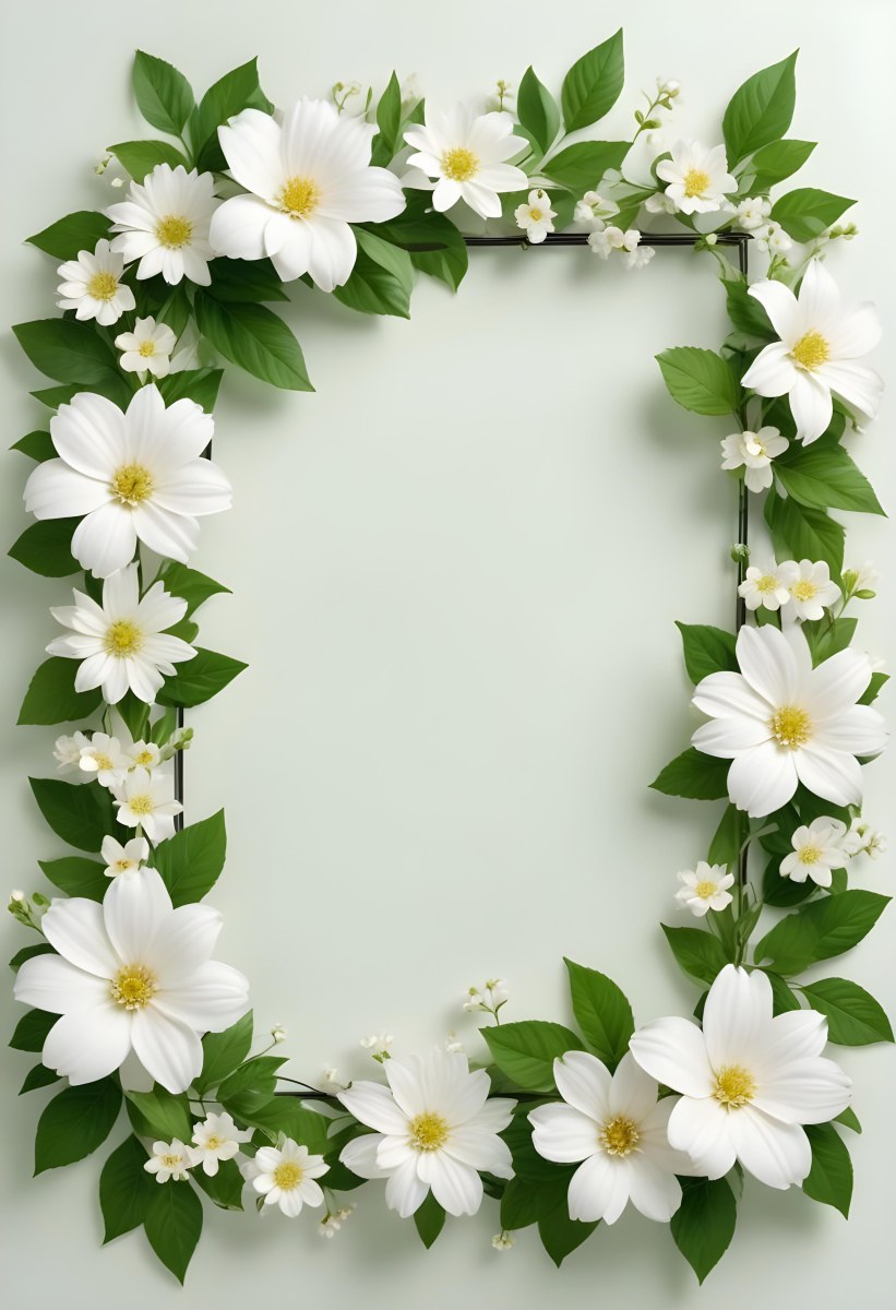 A Floral Frame With White Flowers And Green Leaves On A Light Background 13 Add8