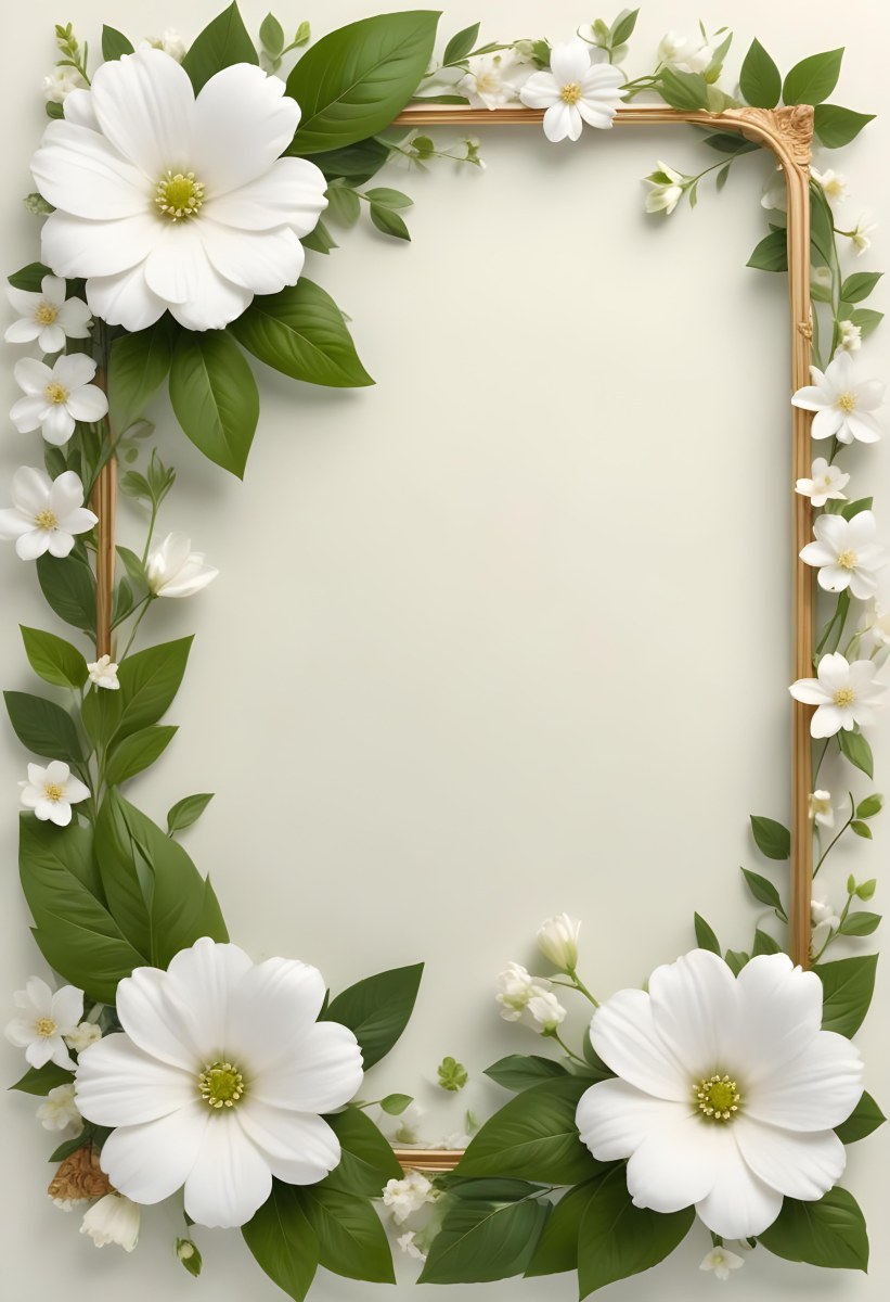 A Floral Frame With White Flowers And Green Leaves On A Light Background 4 125d