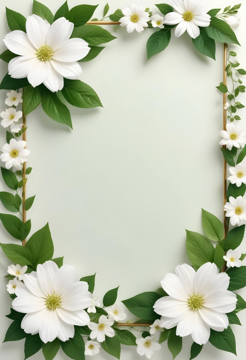 A Floral Frame With White Flowers And Green Leaves On A Light Background 9 Ca4c