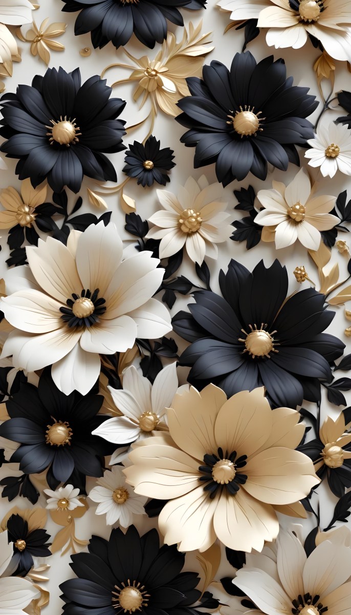 A Floral Pattern With Large Black And White Flowers With Golden Centers Against A Light Background 45 De9f