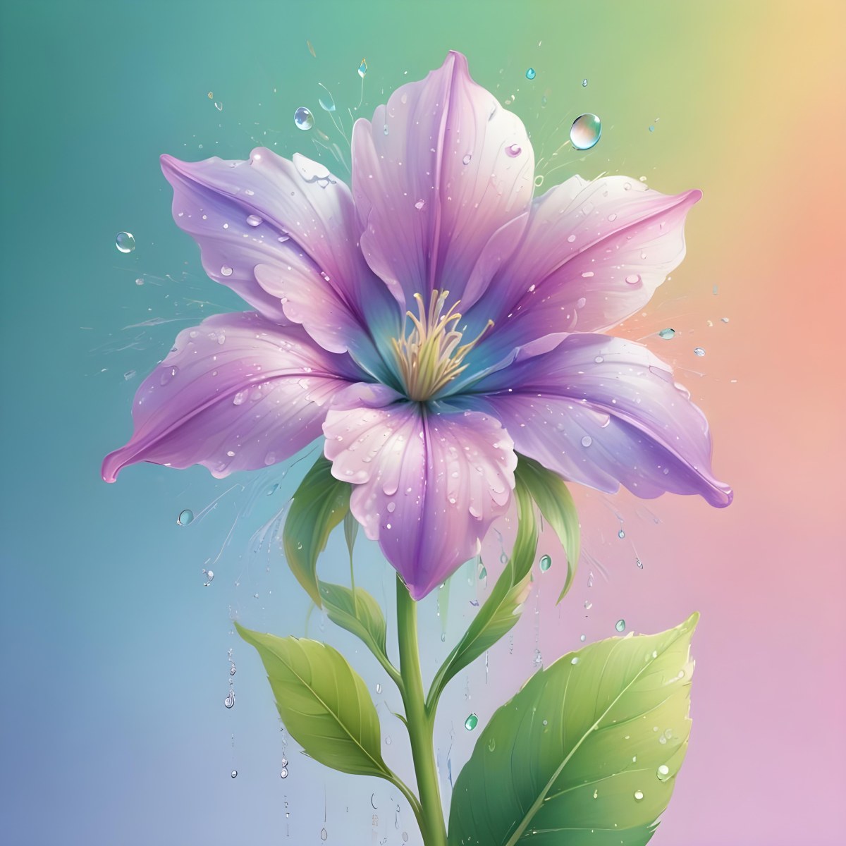 A Flower With Pastel Petals Green Stem And Leaves Water Droplets Pastel Rainbow Background Soft Lighting Detailed Petals Whimsical Dreamy Elegant Vibrant Colors 14 Add0