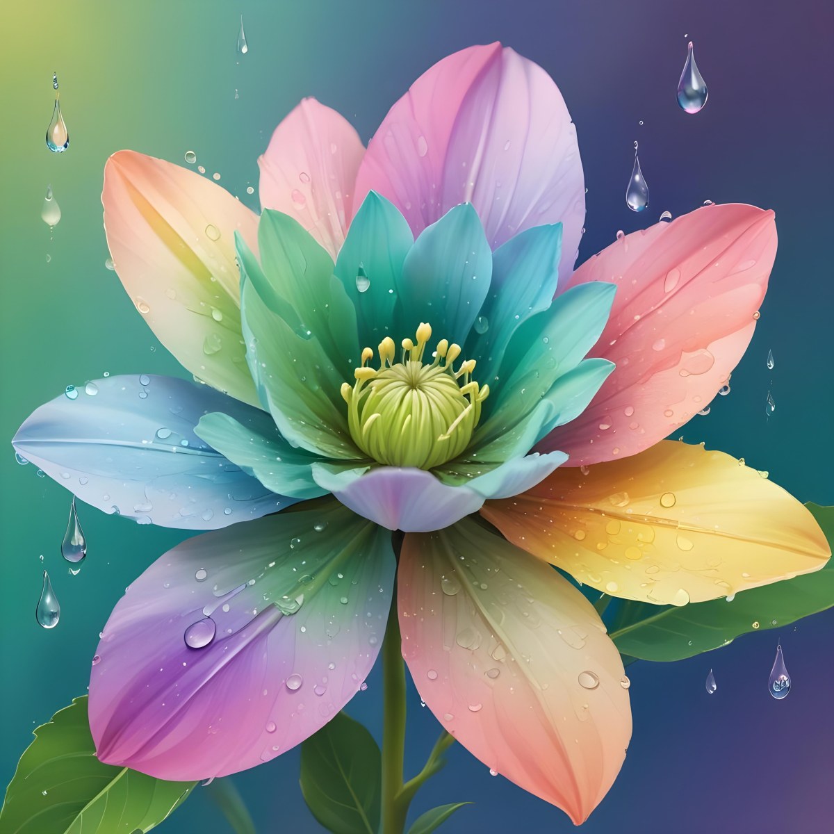 A Flower With Pastel Petals Green Stem And Leaves Water Droplets Pastel Rainbow Background Soft Lighting Detailed Petals Whimsical Dreamy Elegant Vibrant Colors 18 62e5