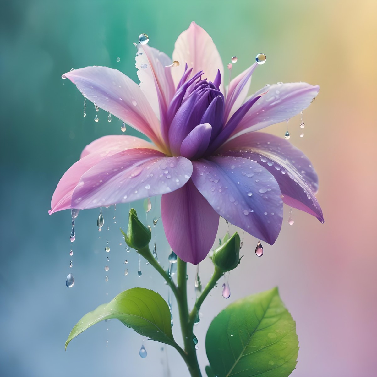 A Flower With Pastel Petals Green Stem And Leaves Water Droplets Pastel Rainbow Background Soft Lighting Detailed Petals Whimsical Dreamy Elegant Vibrant Colors 29 5cdb