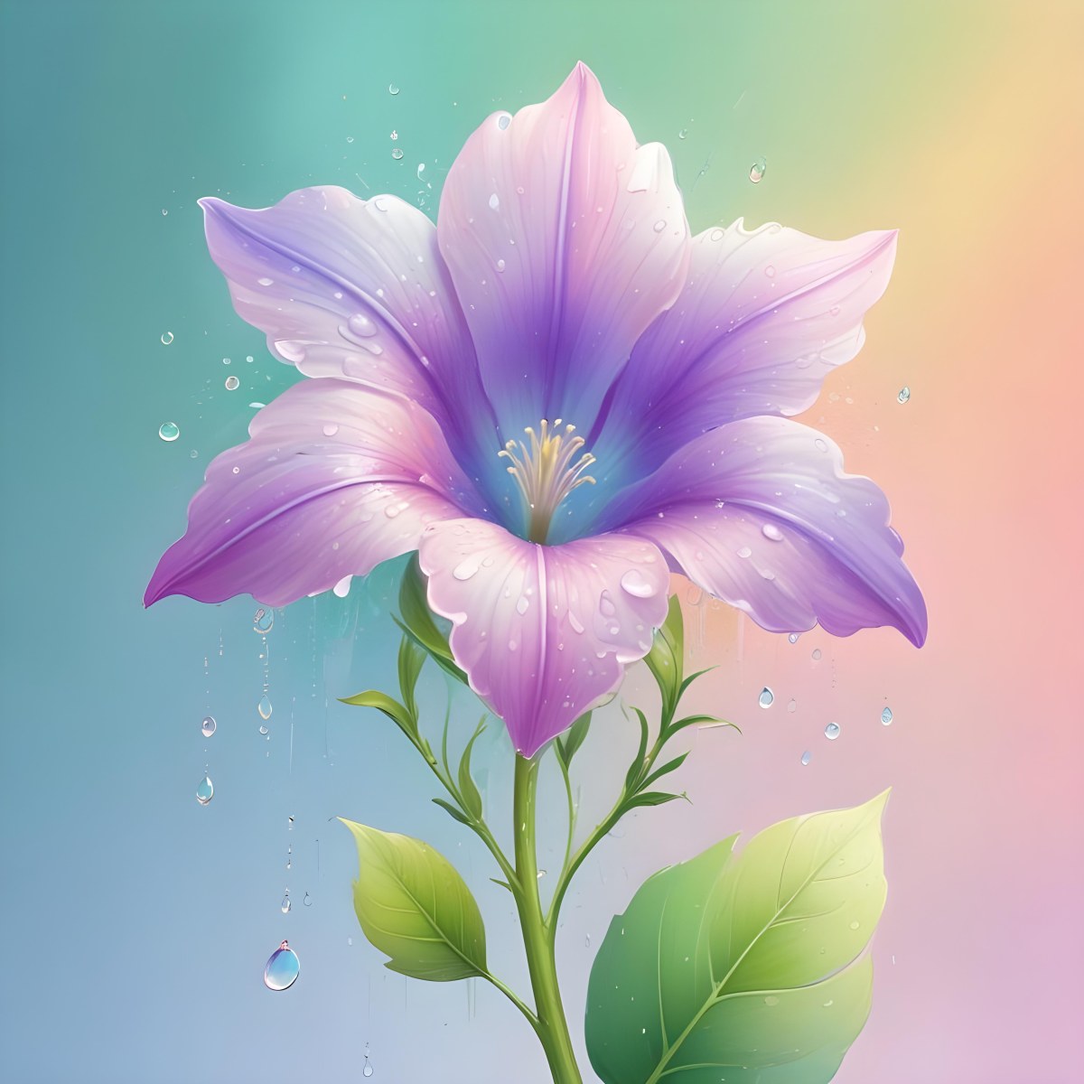 A Flower With Pastel Petals Green Stem And Leaves Water Droplets Pastel Rainbow Background Soft Lighting Detailed Petals Whimsical Dreamy Elegant Vibrant Colors 3 E7b3
