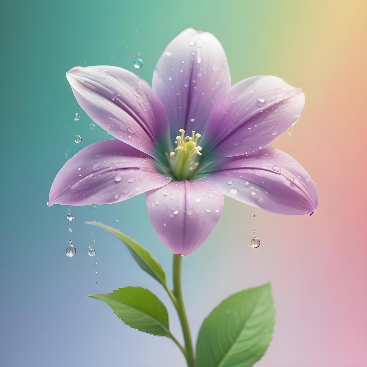 A Flower With Pastel Petals Green Stem And Leaves Water Droplets Pastel Rainbow Background Soft Lighting Detailed Petals Whimsical Dreamy Elegant Vibrant Colors 65 C592