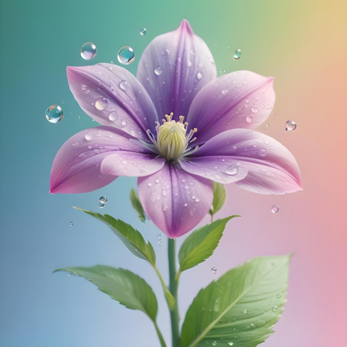 A Flower With Pastel Petals Green Stem And Leaves Water Droplets Pastel Rainbow Background Soft Lighting Detailed Petals Whimsical Dreamy Elegant Vibrant Colors 67 Dc26