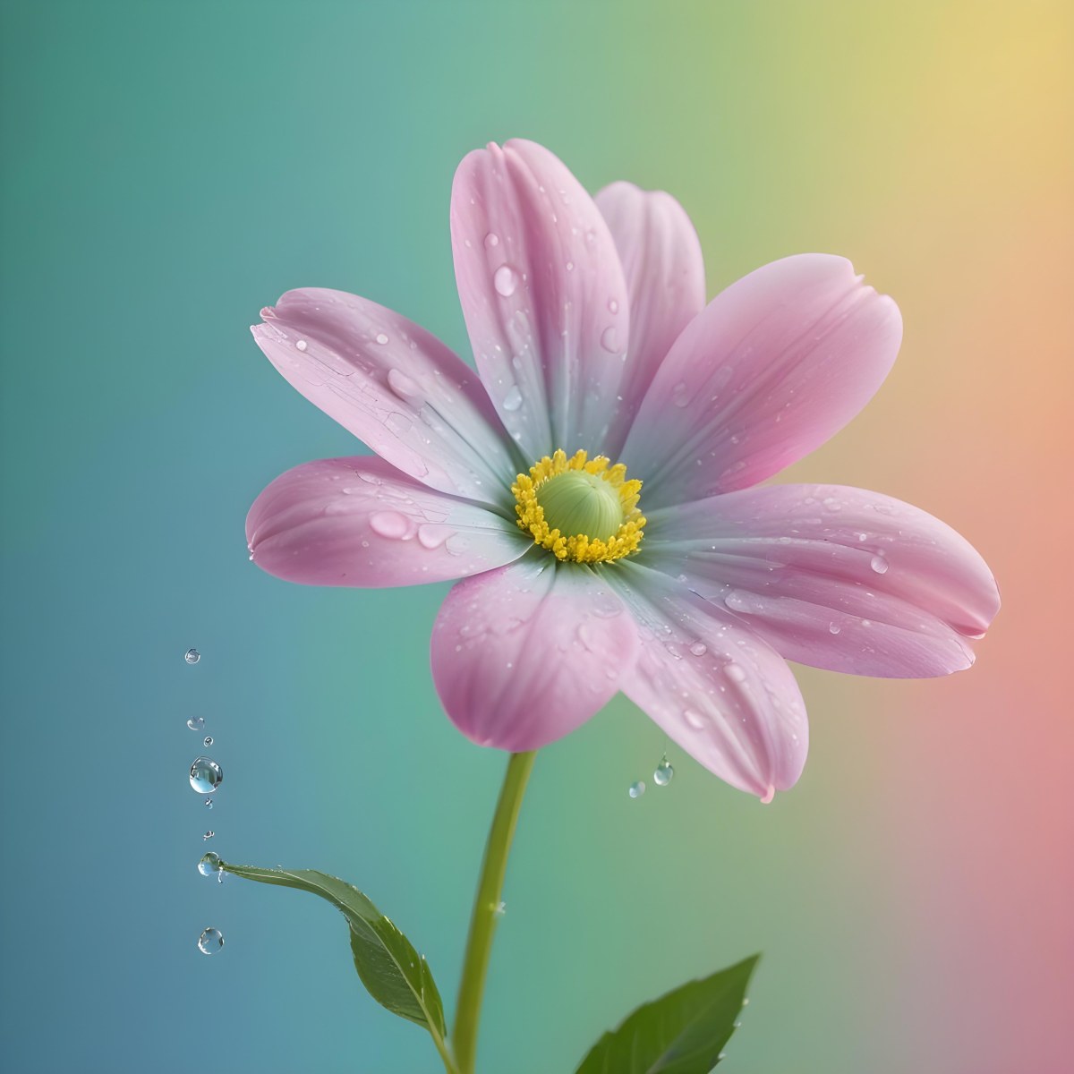 A Flower With Pastel Petals Green Stem And Leaves Water Droplets Pastel Rainbow Background Soft Lighting Detailed Petals Whimsical Dreamy Elegant Vibrant Colors 84 B7f3