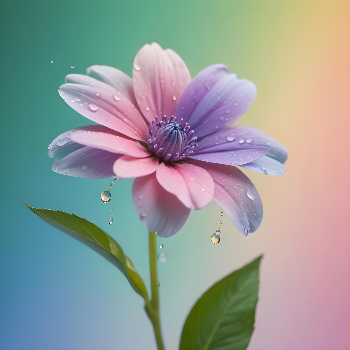 A Flower With Pastel Petals Green Stem And Leaves Water Droplets Pastel Rainbow Background Soft Lighting Detailed Petals Whimsical Dreamy Elegant Vibrant Colors 86 D16c