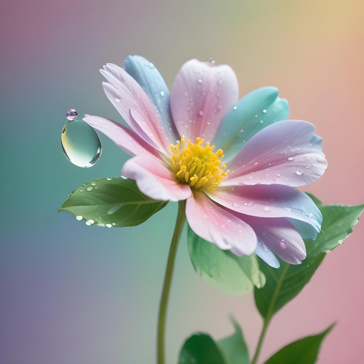 A Flower With Pastel Petals Green Stem And Leaves Water Droplets Pastel Rainbow Background Soft Lighting Detailed Petals Whimsical Dreamy Elegant Vibrant Colors 88 2cac
