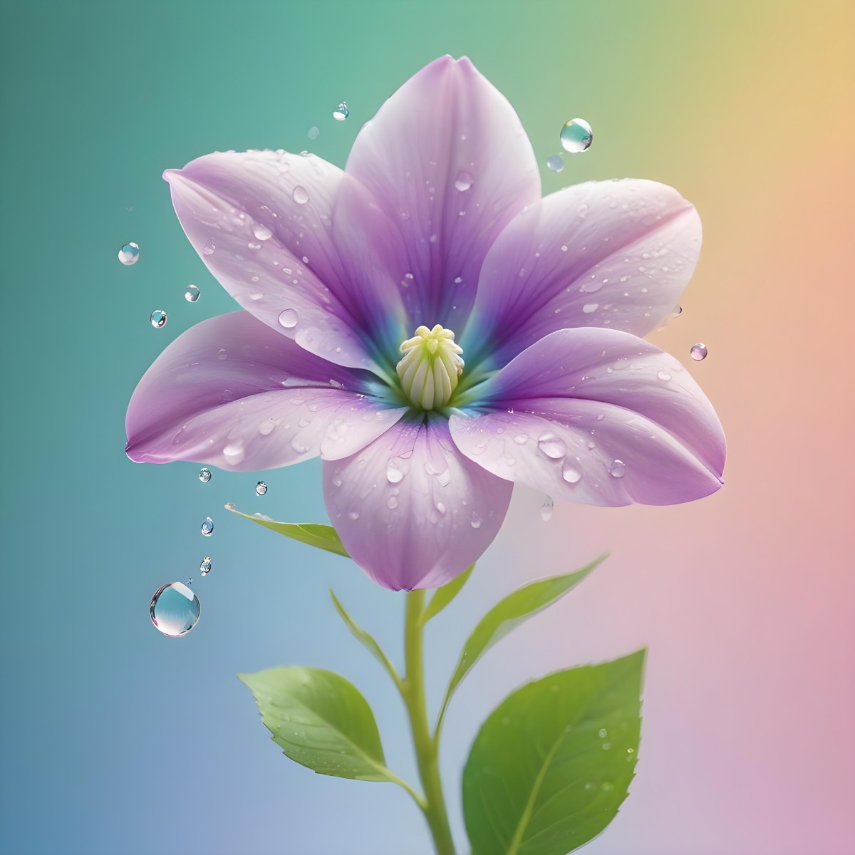 A Flower With Pastel Petals Green Stem And Leaves Water Droplets Pastel Rainbow Background Soft Lighting Detailed Petals Whimsical Dreamy Elegant Vibrant Colors 89 0b21