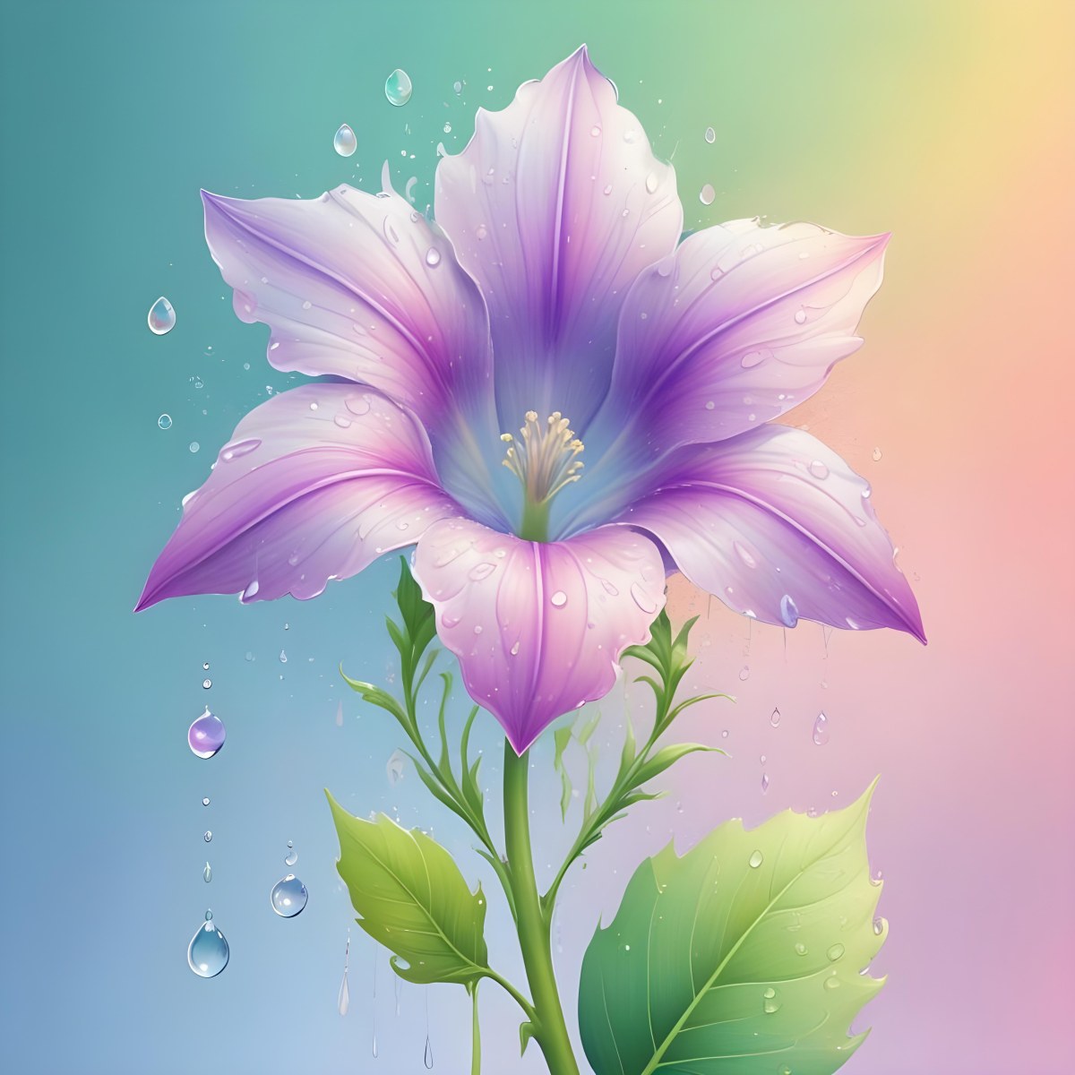 A Flower With Pastel Petals Green Stem And Leaves Water Droplets Pastel Rainbow Background Soft Lighting Detailed Petals Whimsical Dreamy Elegant Vibrant Colors 9 Bc51