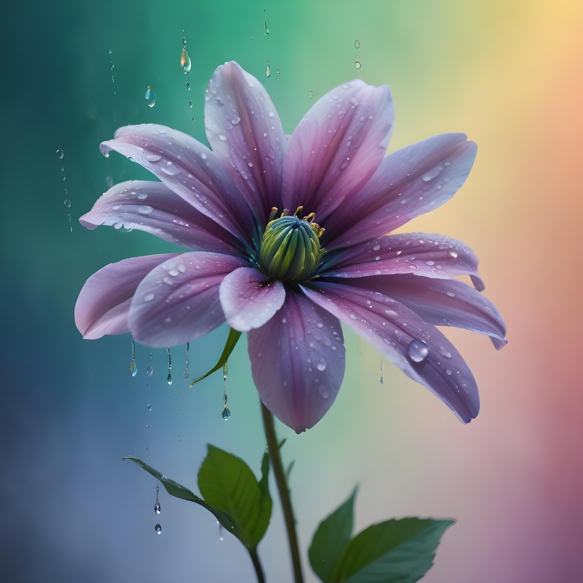 A Flower With Pastel Petals Green Stem And Leaves Water Droplets Pastel Rainbow Background Soft Lighting Detailed Petals Whimsical Dreamy Elegant Vibrant Colors 9 D5ad