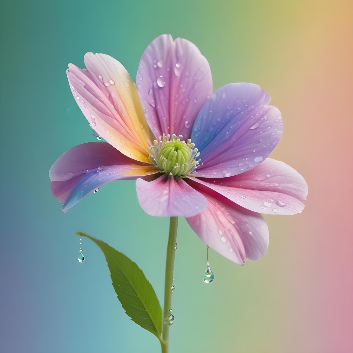 A Flower With Pastel Petals Green Stem And Leaves Water Droplets Pastel Rainbow Background Soft Lighting Detailed Petals Whimsical Dreamy Elegant Vibrant Colors 90 6871