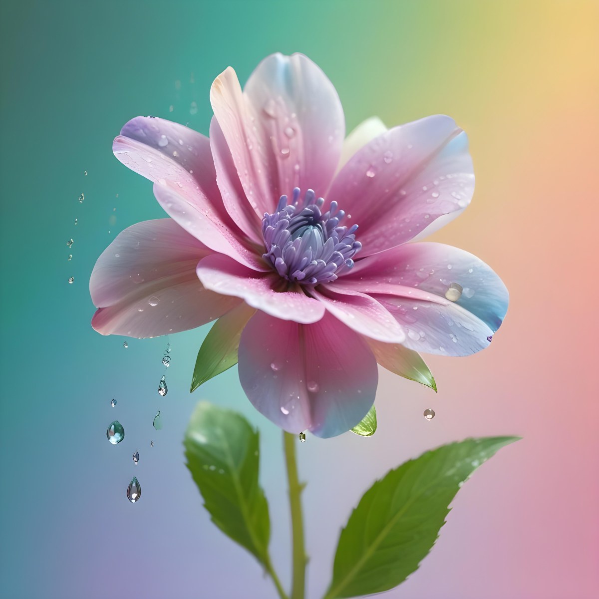 A Flower With Pastel Petals Green Stem And Leaves Water Droplets Pastel Rainbow Background Soft Lighting Detailed Petals Whimsical Dreamy Elegant Vibrant Colors 92 121a