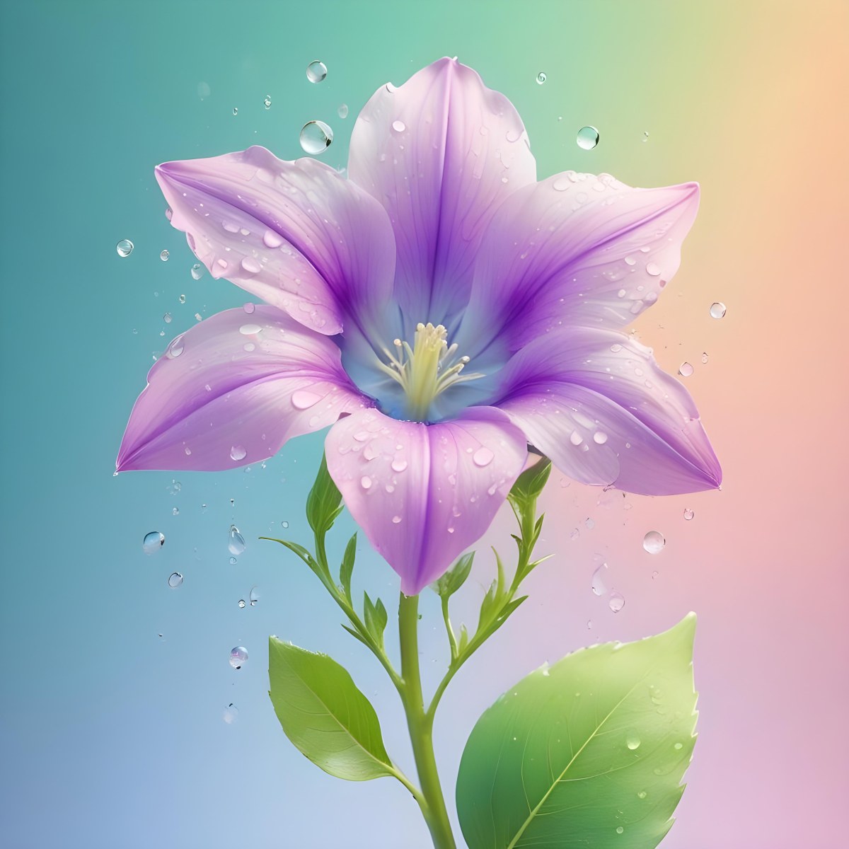 A Flower With Pastel Petals Green Stem And Leaves Water Droplets Pastel Rainbow Background Soft Lighting Detailed Petals Whimsical Dreamy Elegant Vibrant Colors 93 727f