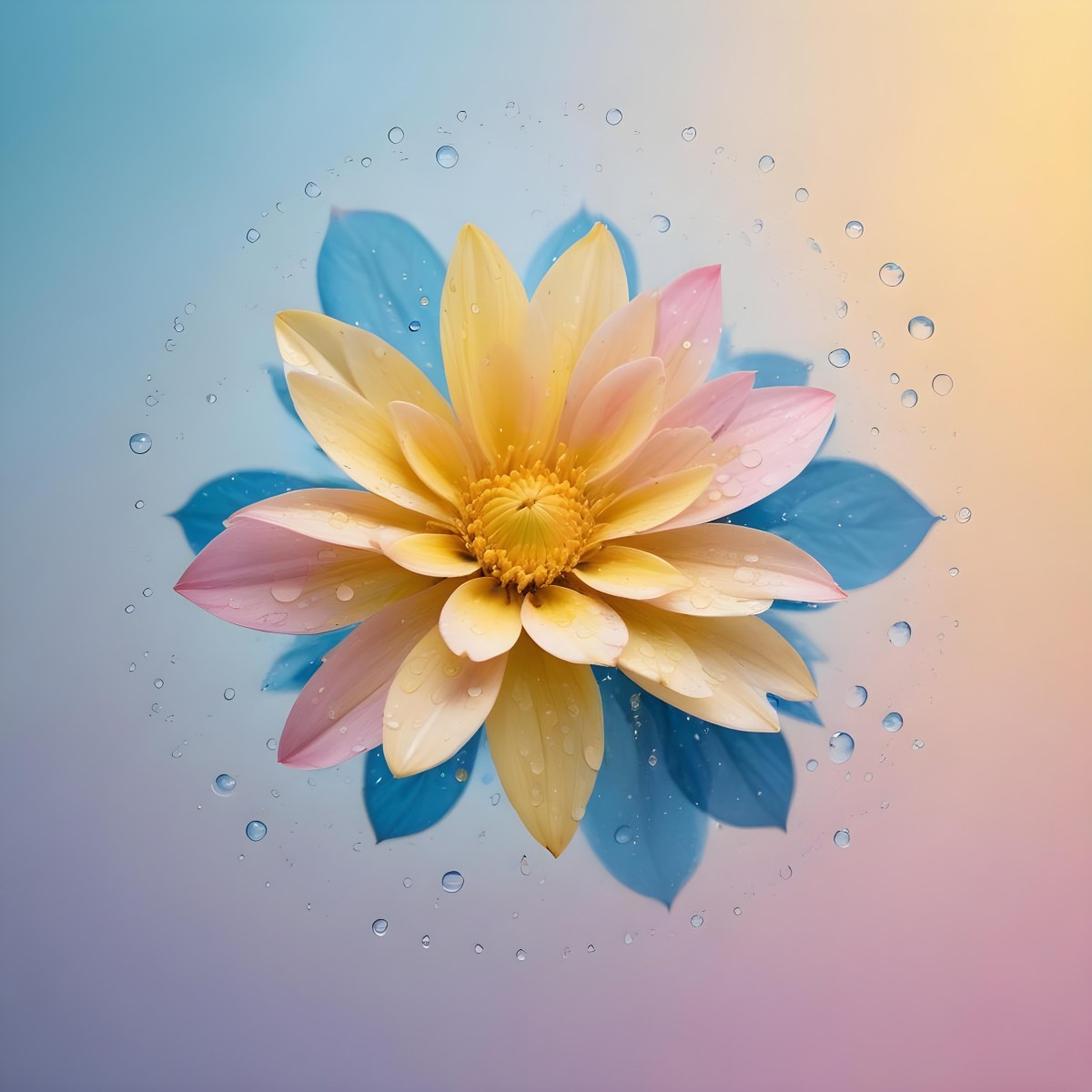 A Flower With Yellow Petals And Yellow Leaves Pastel Background With Blue Pink And Yellow Hues Surrounded By Water Droplets And Circular Patterns 1 4d22