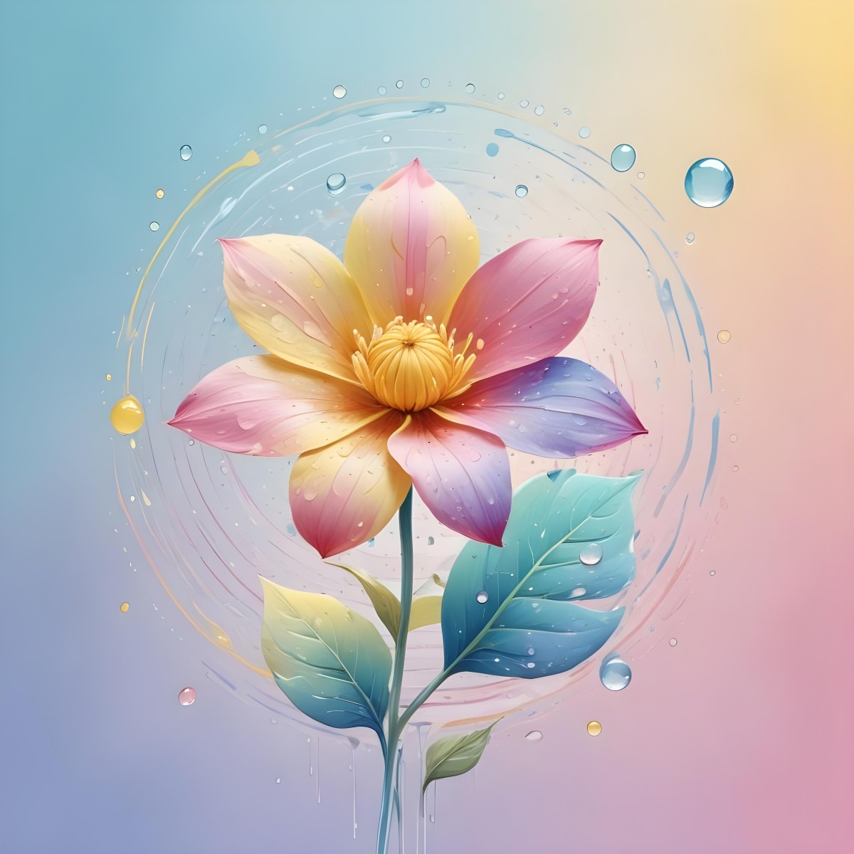 A Flower With Yellow Petals And Yellow Leaves Pastel Background With Blue Pink And Yellow Hues Surrounded By Water Droplets And Circular Patterns 11 0db4