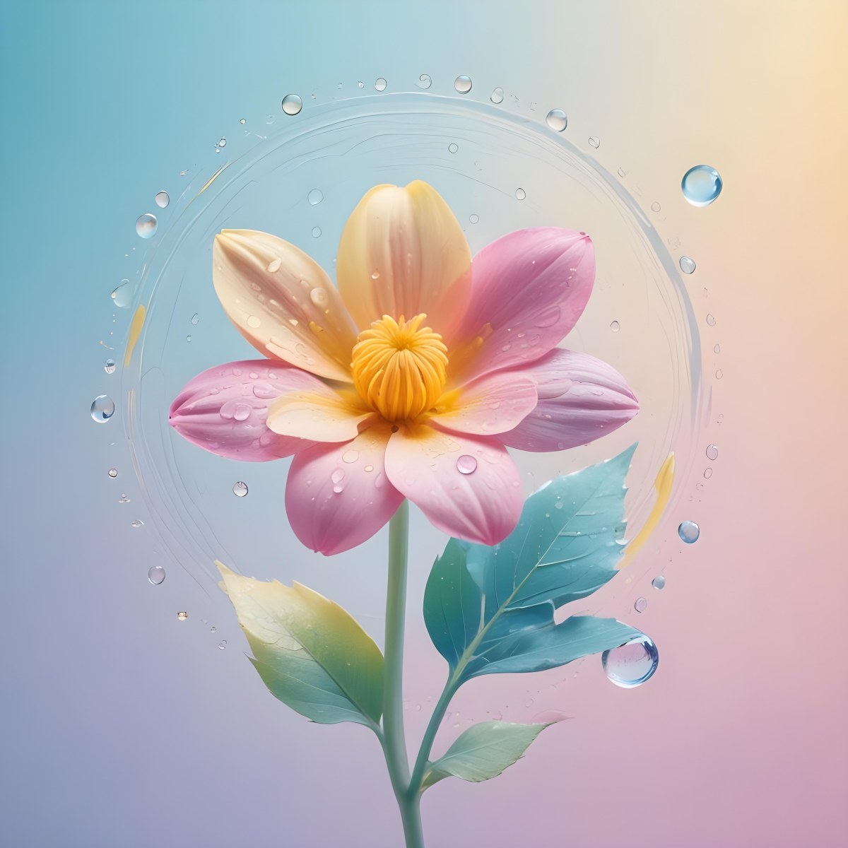 A Flower With Yellow Petals And Yellow Leaves Pastel Background With Blue Pink And Yellow Hues Surrounded By Water Droplets And Circular Patterns 14 C54a