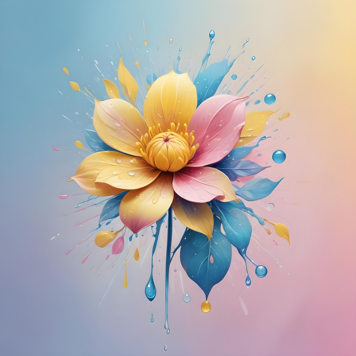 A Flower With Yellow Petals And Yellow Leaves Pastel Background With Blue Pink And Yellow Hues Surrounded By Water Droplets And Circular Patterns 16 8159