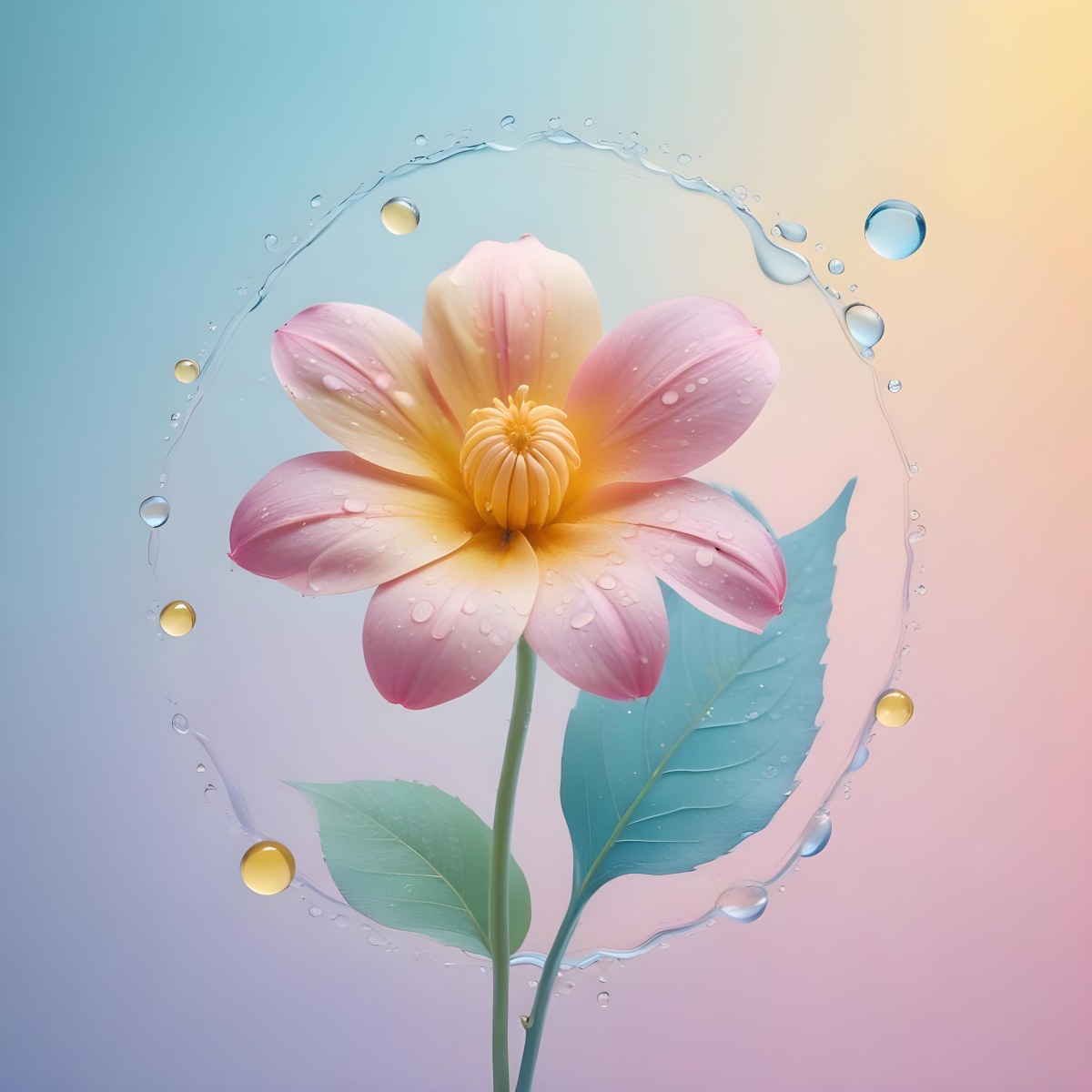 A Flower With Yellow Petals And Yellow Leaves Pastel Background With Blue Pink And Yellow Hues Surrounded By Water Droplets And Circular Patterns 19 18ab