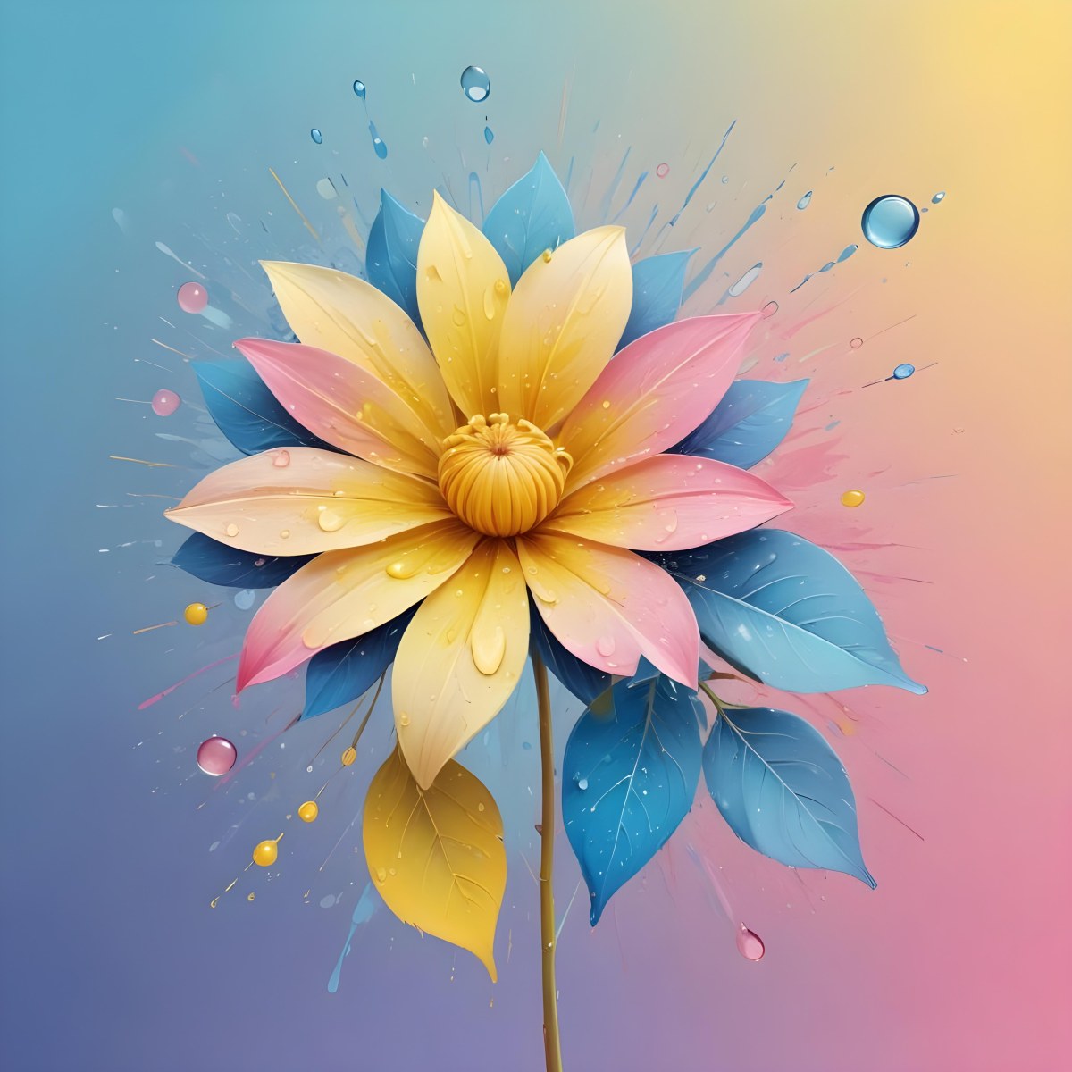 A Flower With Yellow Petals And Yellow Leaves Pastel Background With Blue Pink And Yellow Hues Surrounded By Water Droplets And Circular Patterns 20 Ba75