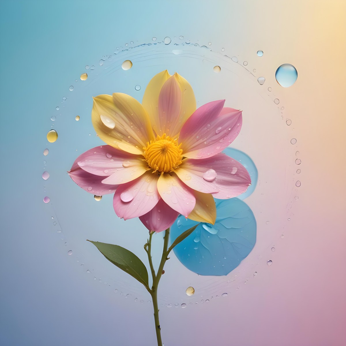 A Flower With Yellow Petals And Yellow Leaves Pastel Background With Blue Pink And Yellow Hues Surrounded By Water Droplets And Circular Patterns 3 2e20