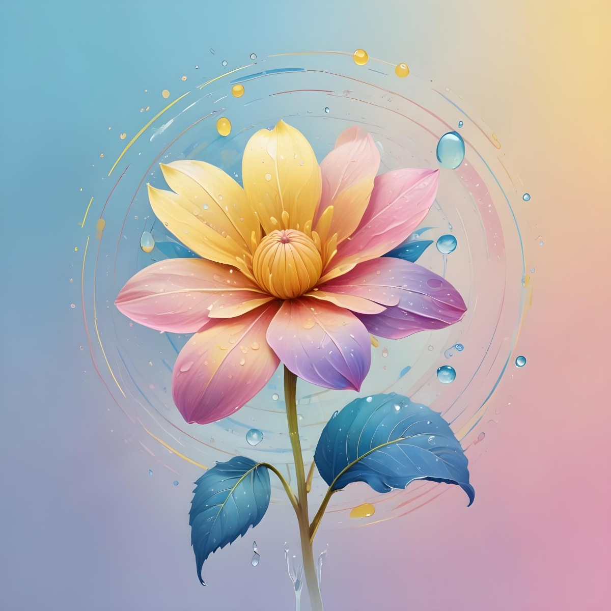 A Flower With Yellow Petals And Yellow Leaves Pastel Background With Blue Pink And Yellow Hues Surrounded By Water Droplets And Circular Patterns 4 4d0c
