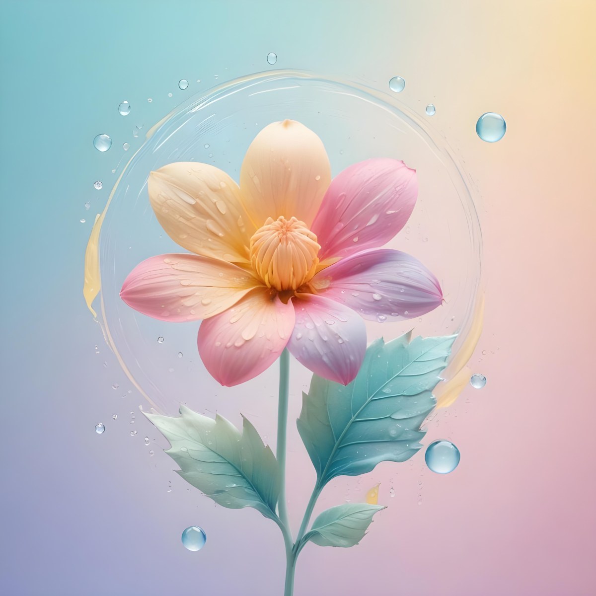 A Flower With Yellow Petals And Yellow Leaves Pastel Background With Blue Pink And Yellow Hues Surrounded By Water Droplets And Circular Patterns 4 9edc