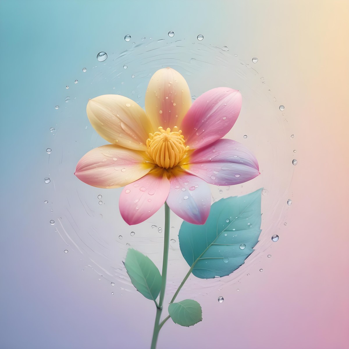 A Flower With Yellow Petals And Yellow Leaves Pastel Background With Blue Pink And Yellow Hues Surrounded By Water Droplets And Circular Patterns 6 Db48