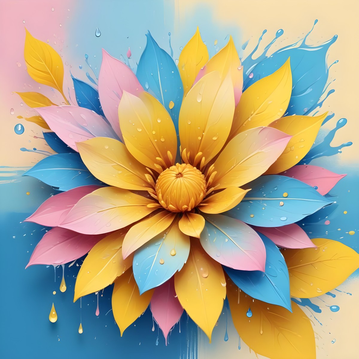 A Flower With Yellow Petals And Yellow Leaves Pastel Background With Blue Pink And Yellow Hues Surrounded By Water Droplets And Circular Patterns 6 F542