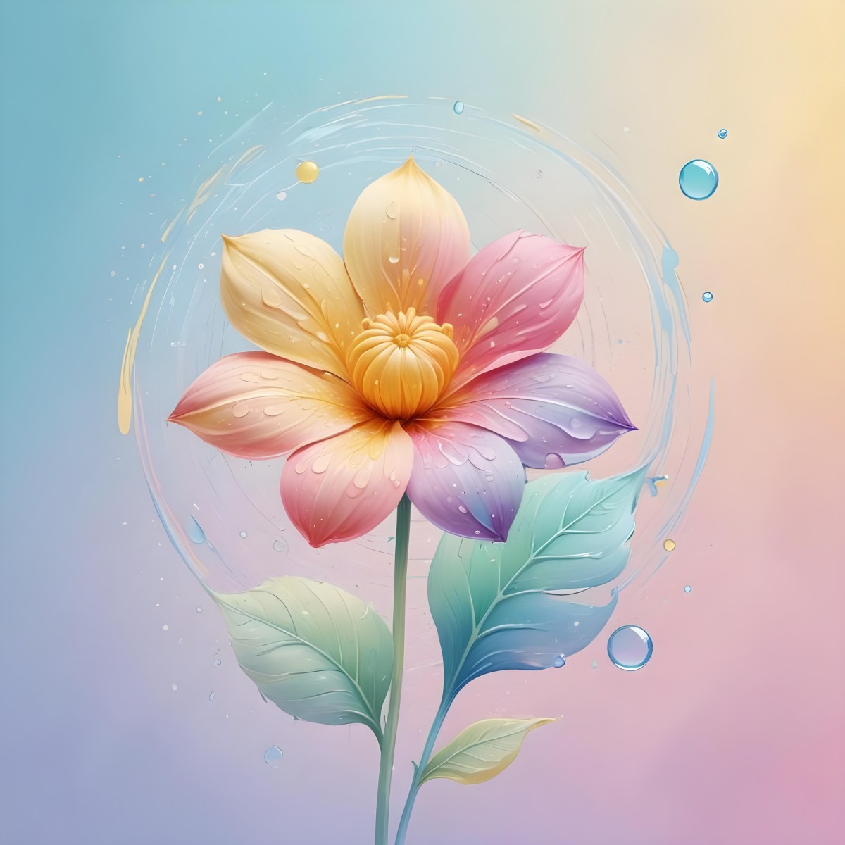 A Flower With Yellow Petals And Yellow Leaves Pastel Background With Blue Pink And Yellow Hues Surrounded By Water Droplets And Circular Patterns 7 935c