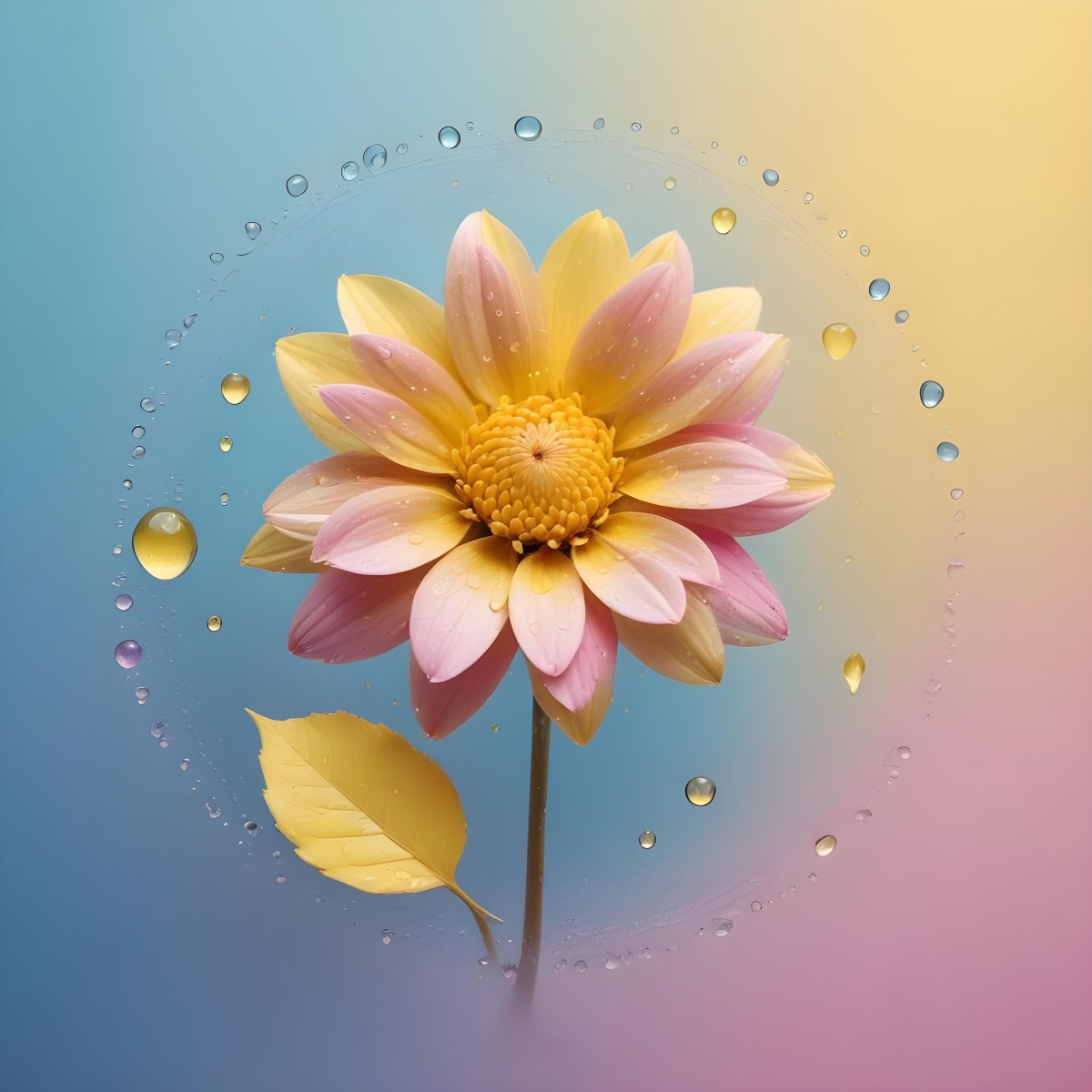 A Flower With Yellow Petals And Yellow Leaves Pastel Background With Blue Pink And Yellow Hues Surrounded By Water Droplets And Circular Patterns 7 E77c