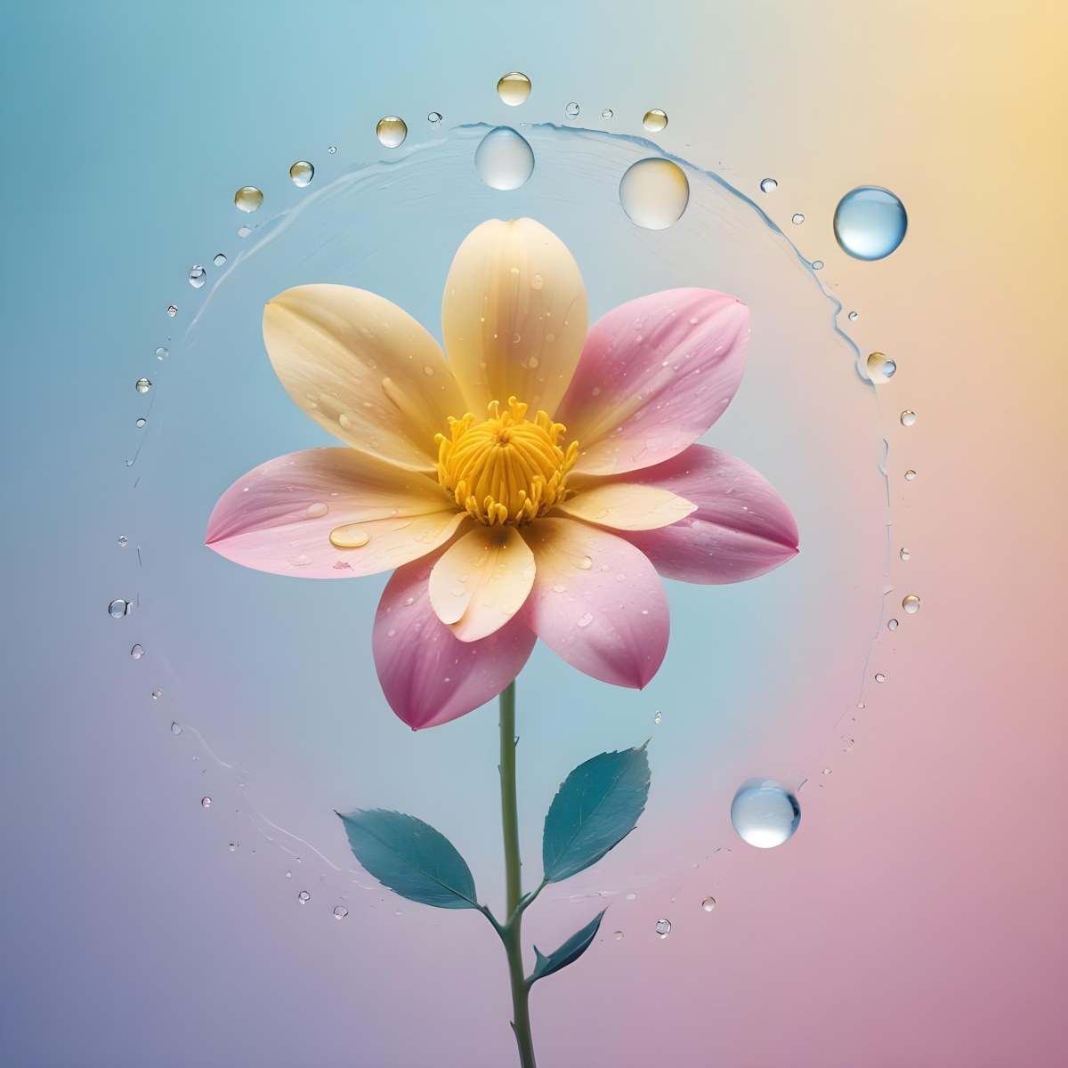 A Flower With Yellow Petals And Yellow Leaves Pastel Background With Blue Pink And Yellow Hues Surrounded By Water Droplets And Circular Patterns 8 1aeb