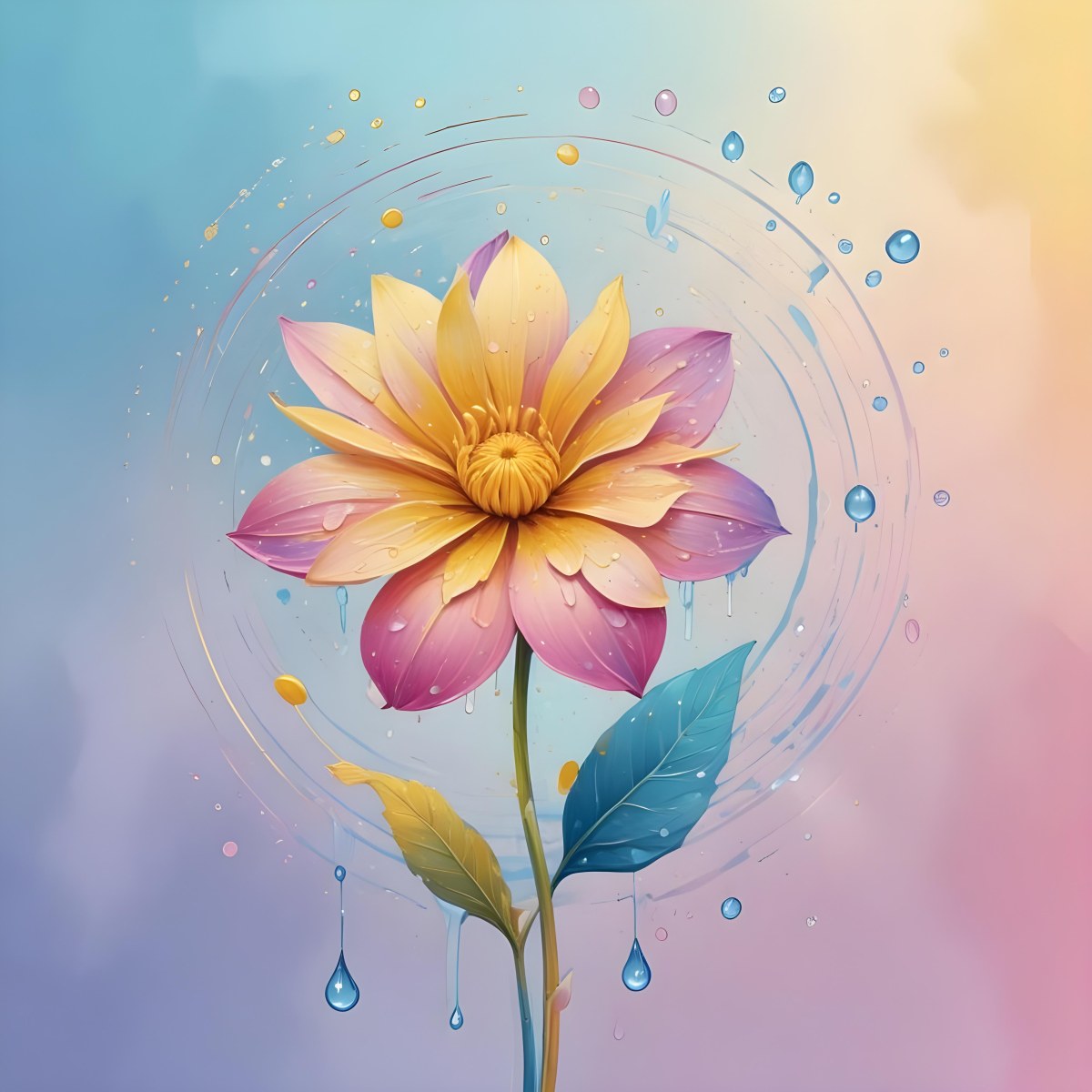 A Flower With Yellow Petals And Yellow Leaves Pastel Background With Blue Pink And Yellow Hues Surrounded By Water Droplets And Circular Patterns 8 2590